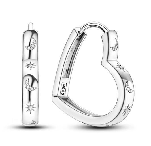 925 Sterling Silver Heart-shaped Star Moon Earrings