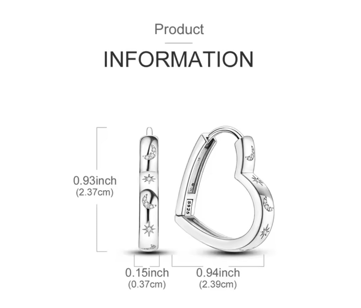 925 Sterling Silver Heart-shaped Star Moon Earrings