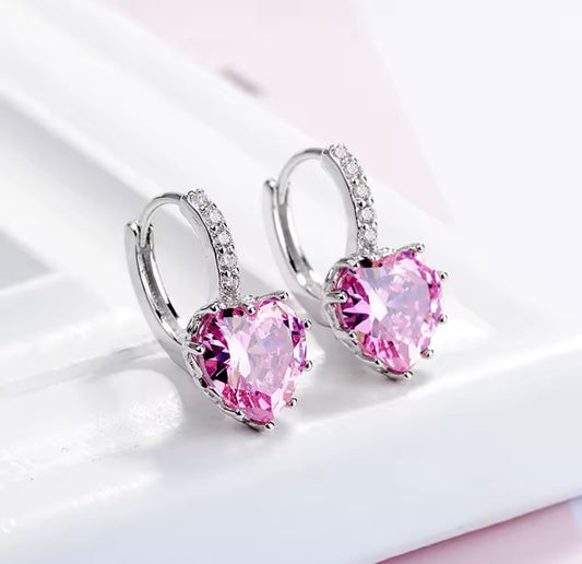 925 Sterling Silver Pink Heart Zircon earrings