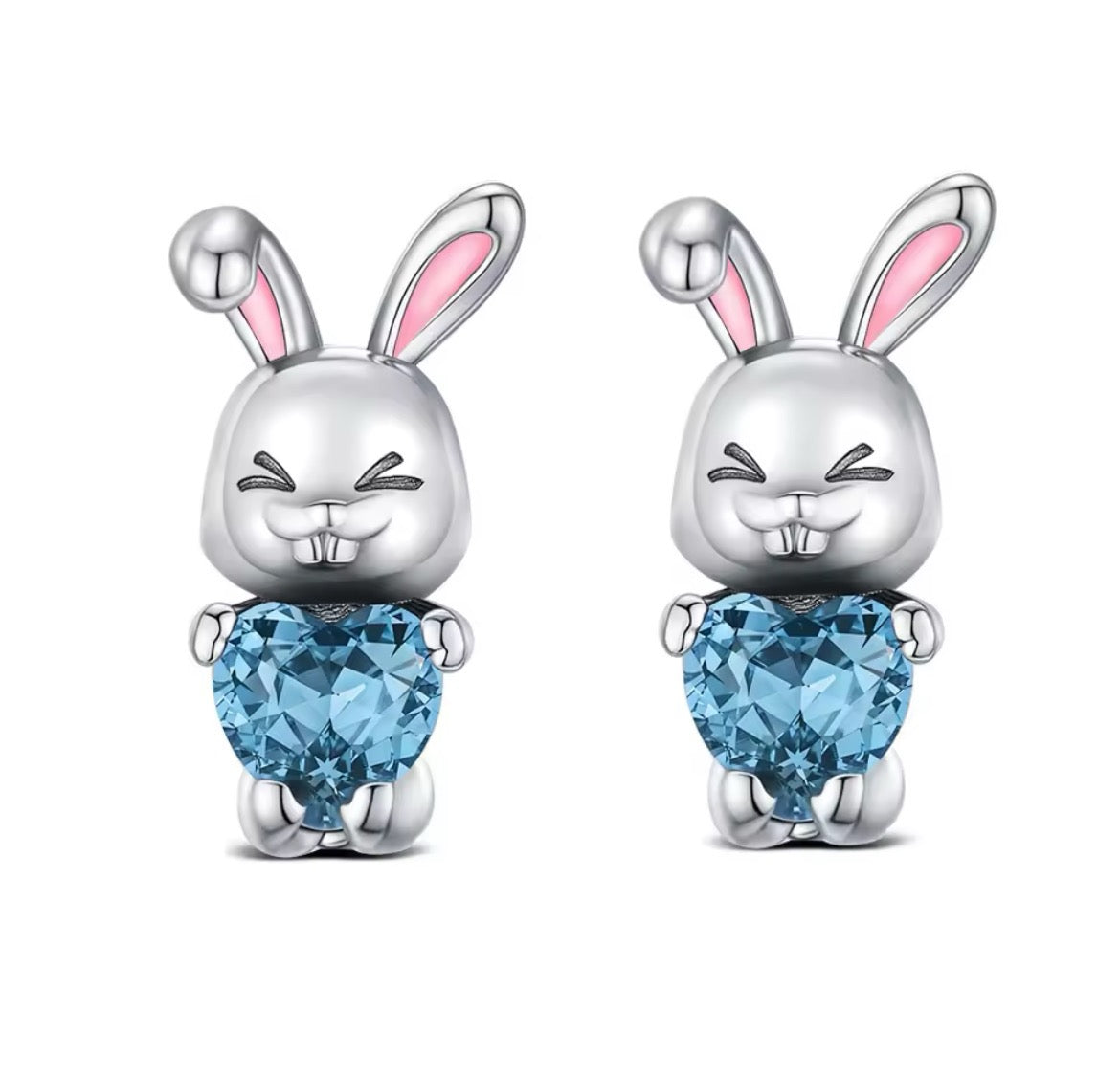 925 Sterling Silver Rabbit Blue Heart Stud Earrings