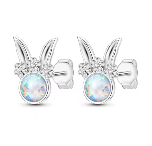 925 Sterling silver opal rabbit flower earrings