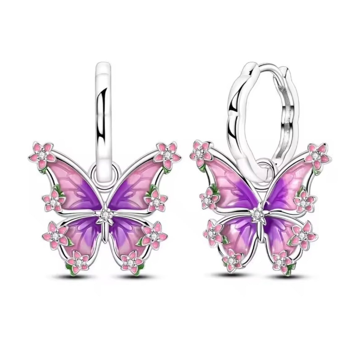 925 Sterling Silver Pink & Purple Butterfly Flower Small Hoop Earrings