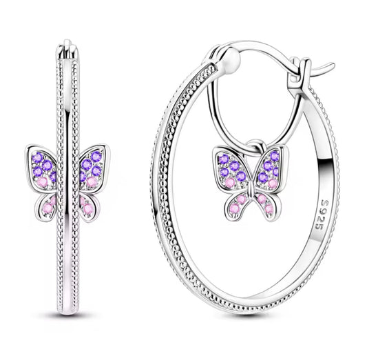 925 Sterling Silver Hanging Butterfly Drop Hoop Earrings