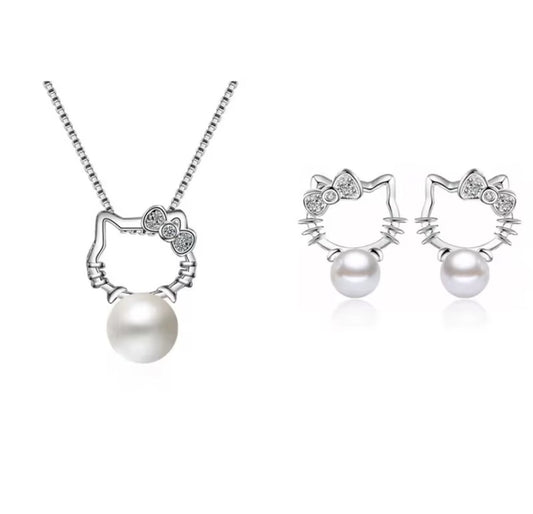 Real 925 Sterling Silver Hello kitty Bowknot Pearl Jewelry Set