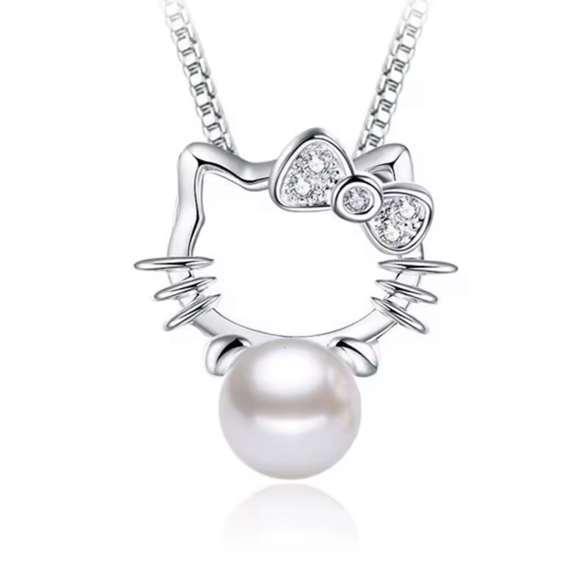 Real 925 Sterling Silver Hello kitty Bowknot Pearl Jewelry Set