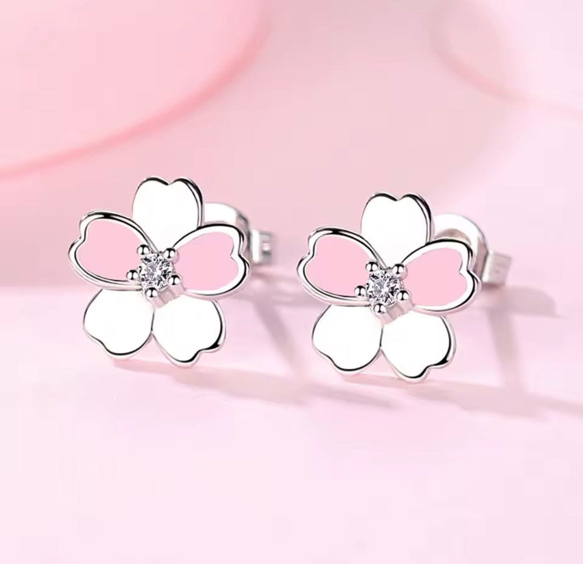 925 Sterling silver pink & white flower stud earrings