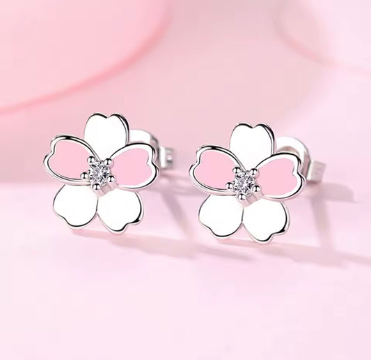 925 Sterling silver pink & white flower stud earrings