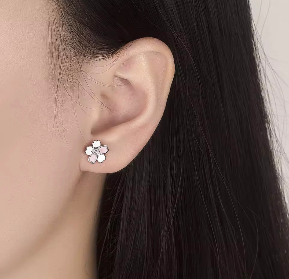 925 Sterling silver pink & white flower stud earrings