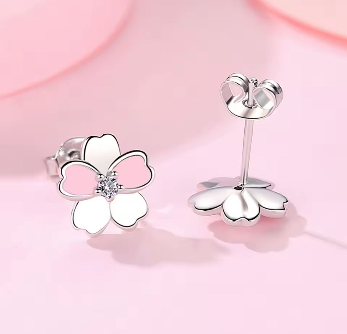 925 Sterling silver pink & white flower stud earrings