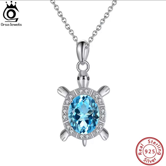 925 Sterling Silver Blue Crystal Turtle Pendant Necklace