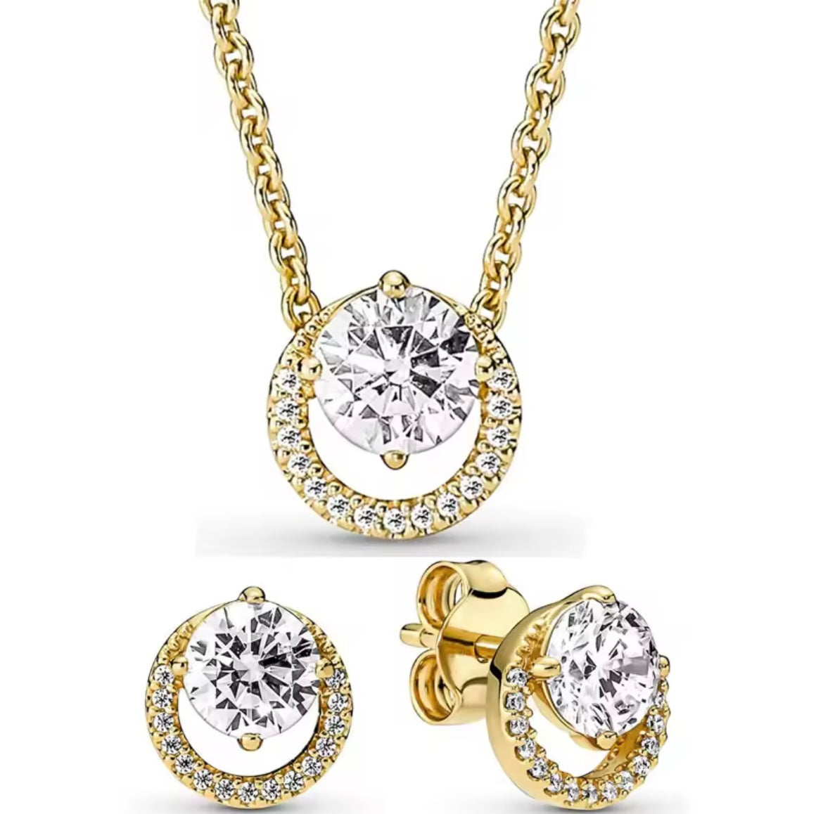 925 Sterling Silver Gold Round Halo Earring & Necklace Set