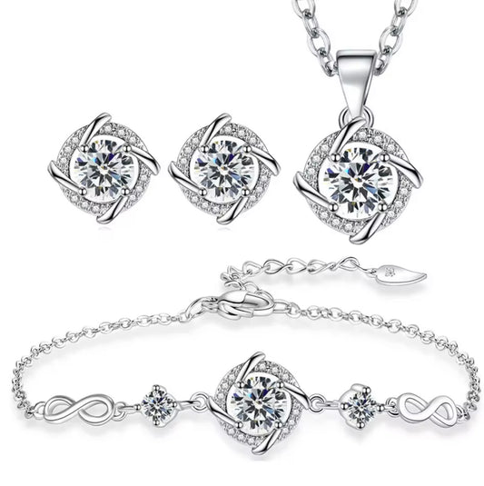 925 Sterling Silver Stud Earrings Crystal Clover Link Bracelets Necklace Jewelry