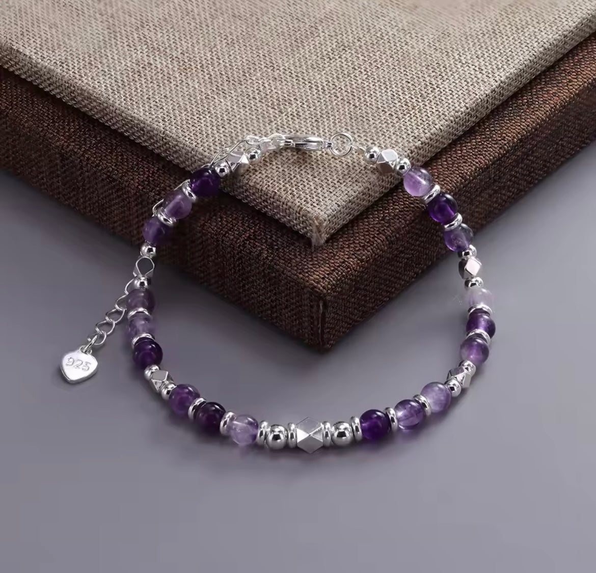 925 Sterling Silver Natural Amethyst Crystal Silver Round Bead Bracelet