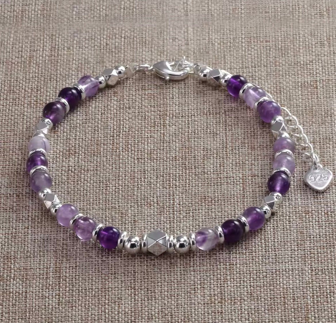 925 Sterling Silver Natural Amethyst Crystal Silver Round Bead Bracelet