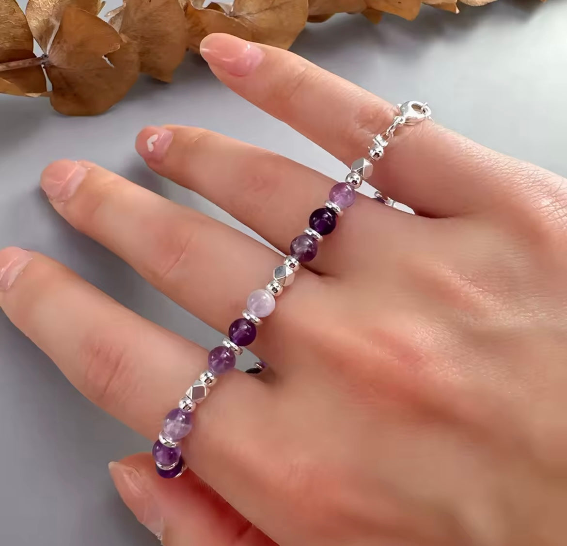 925 Sterling Silver Natural Amethyst Crystal Silver Round Bead Bracelet
