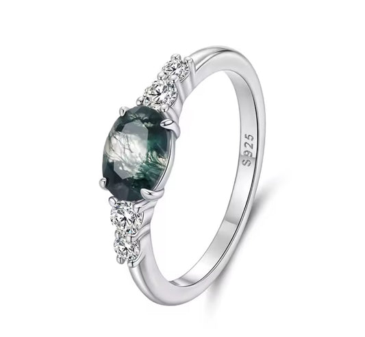 925 Sterling Silver Natural Moss Agate Ring