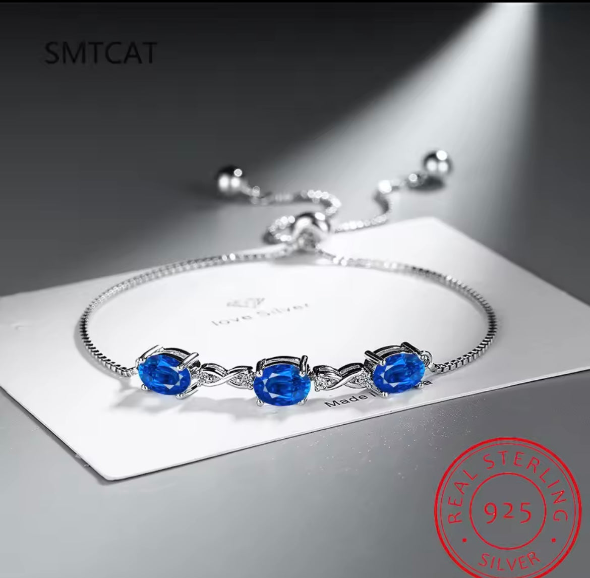 925 Sterling silver Oval Cut  Blue Sapphire bracelet