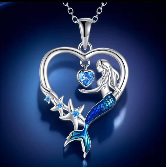 Crystal Blue Zircon Stone Heart Mermaid Pendant Necklace