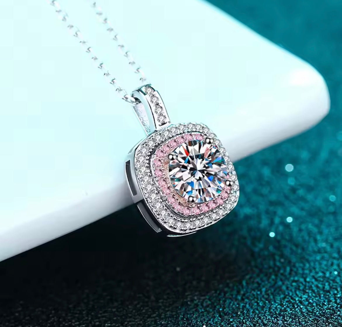 925 Sterling silver Moissanite pink square necklace