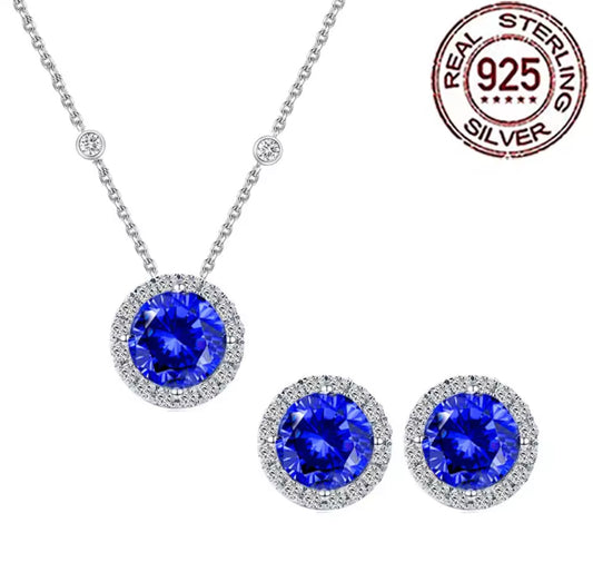 Silver 925 Trendy Dark Bule CZ Zircon Round Stud Earrings Necklace Sets