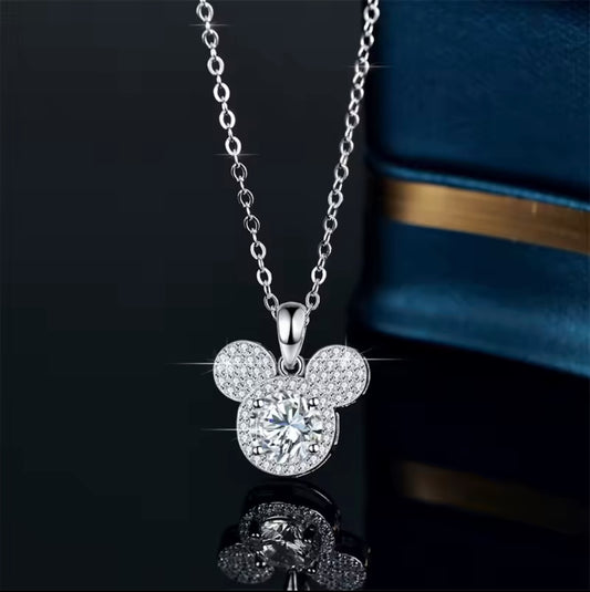 925 Sterling Silver White Zircon Mickey Pendant Necklace