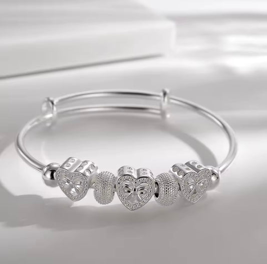 925 Sterling silver adjustable heart charm bangle