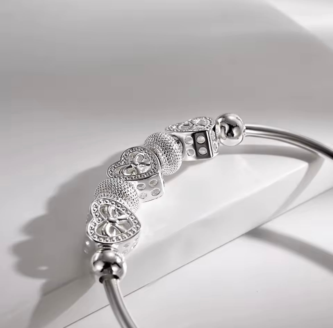 925 Sterling silver adjustable heart charm bangle