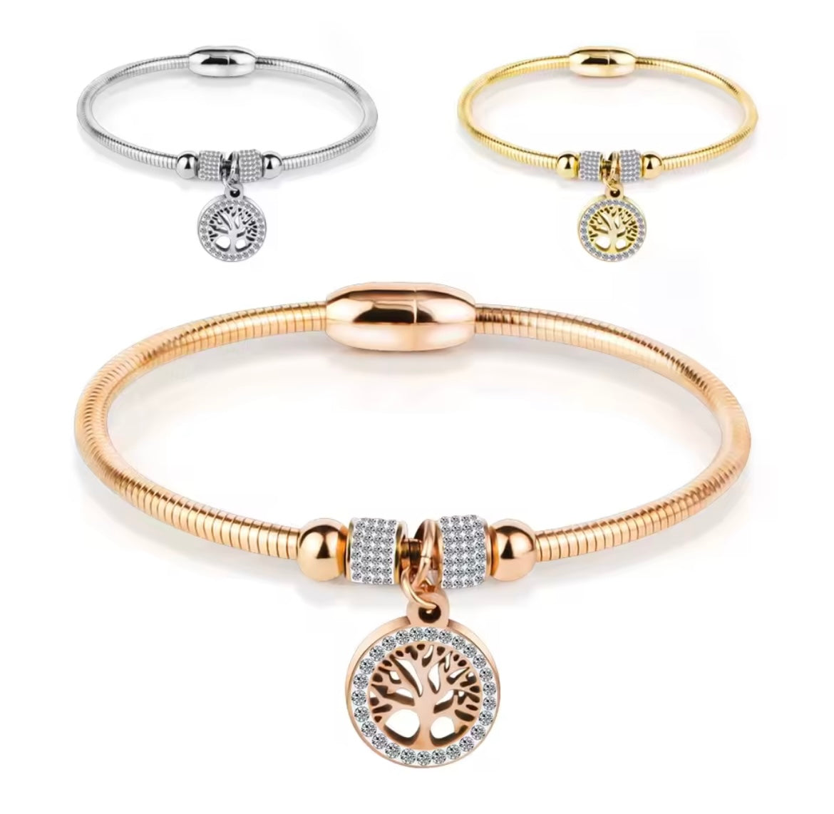 Stainless steel tree of life magnetic crystal bangle