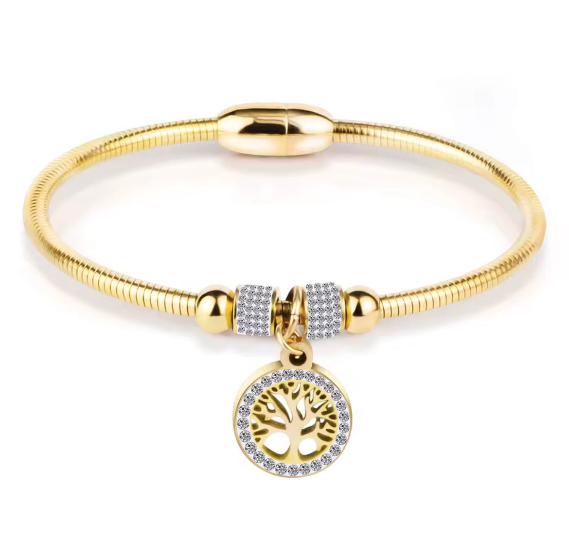 Stainless steel tree of life magnetic crystal bangle