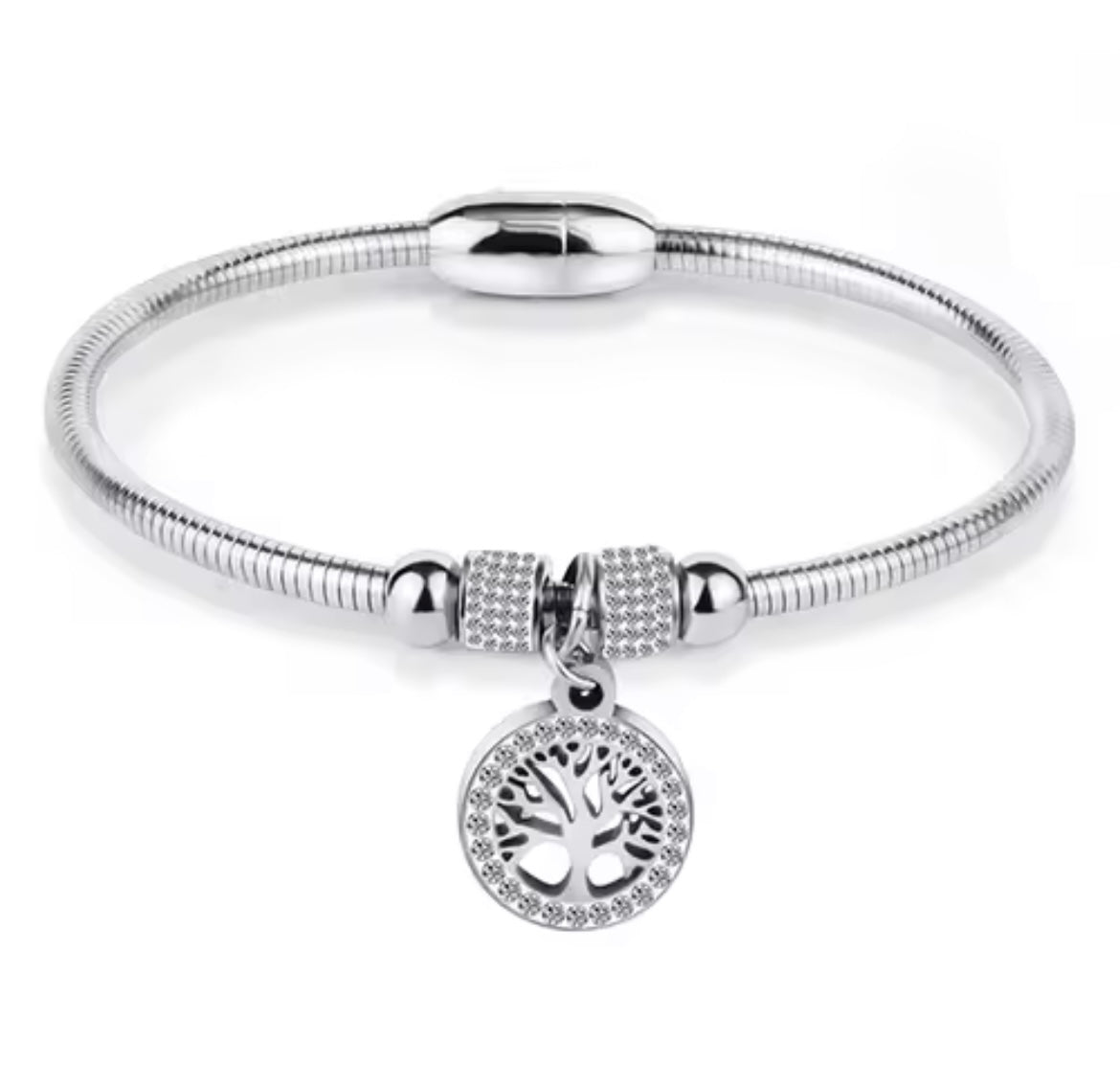 Stainless steel tree of life magnetic crystal bangle
