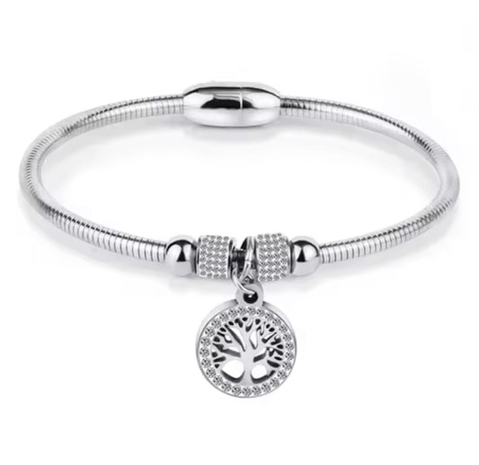 Stainless steel tree of life magnetic crystal bangle