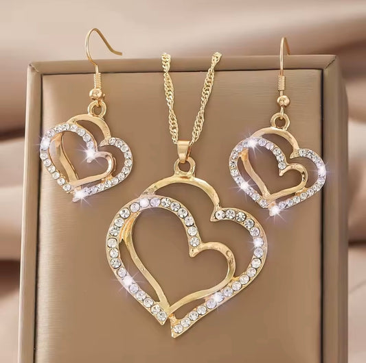 Sparkling Rhinestone Double-layer Hollow Heart-shaped Pendant Necklace & Earrings