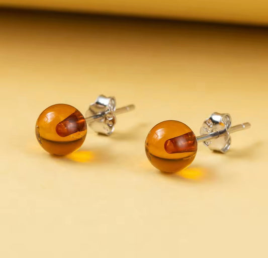 925 Sterling silver Baltic Amber Small Stud Ball Earrings