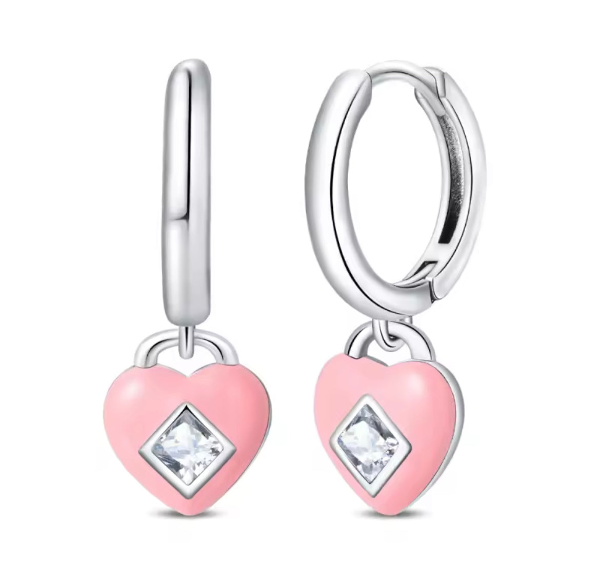 925 Sterling Silver Dopamine pink Heart Pendant Hoop Earrings