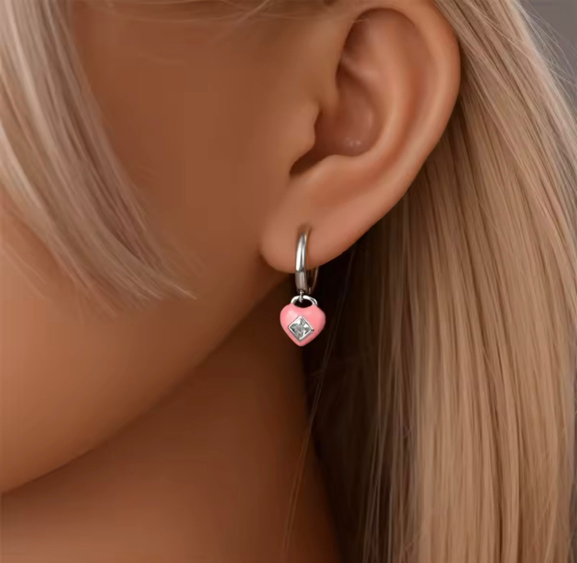 925 Sterling Silver Dopamine pink Heart Pendant Hoop Earrings