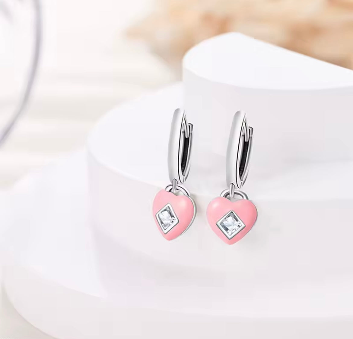 925 Sterling Silver Dopamine pink Heart Pendant Hoop Earrings