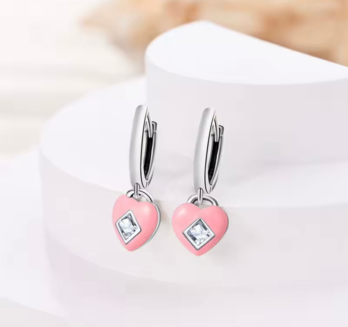 925 Sterling Silver Dopamine pink Heart Pendant Hoop Earrings