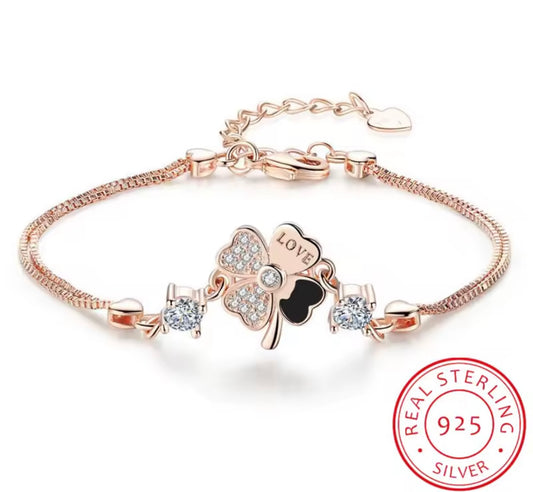 925 Sterling Silver Rose gold Four Leaf Flower Bracelet