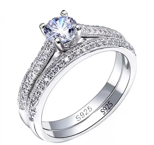 925 Sterling Silver Halo Wedding Ring Set