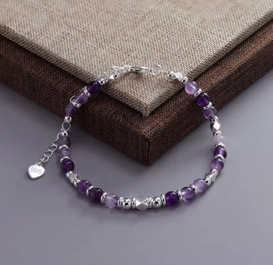 925 Sterling silver Natural Amethyst Crystal Silver Round Bead Bracelet