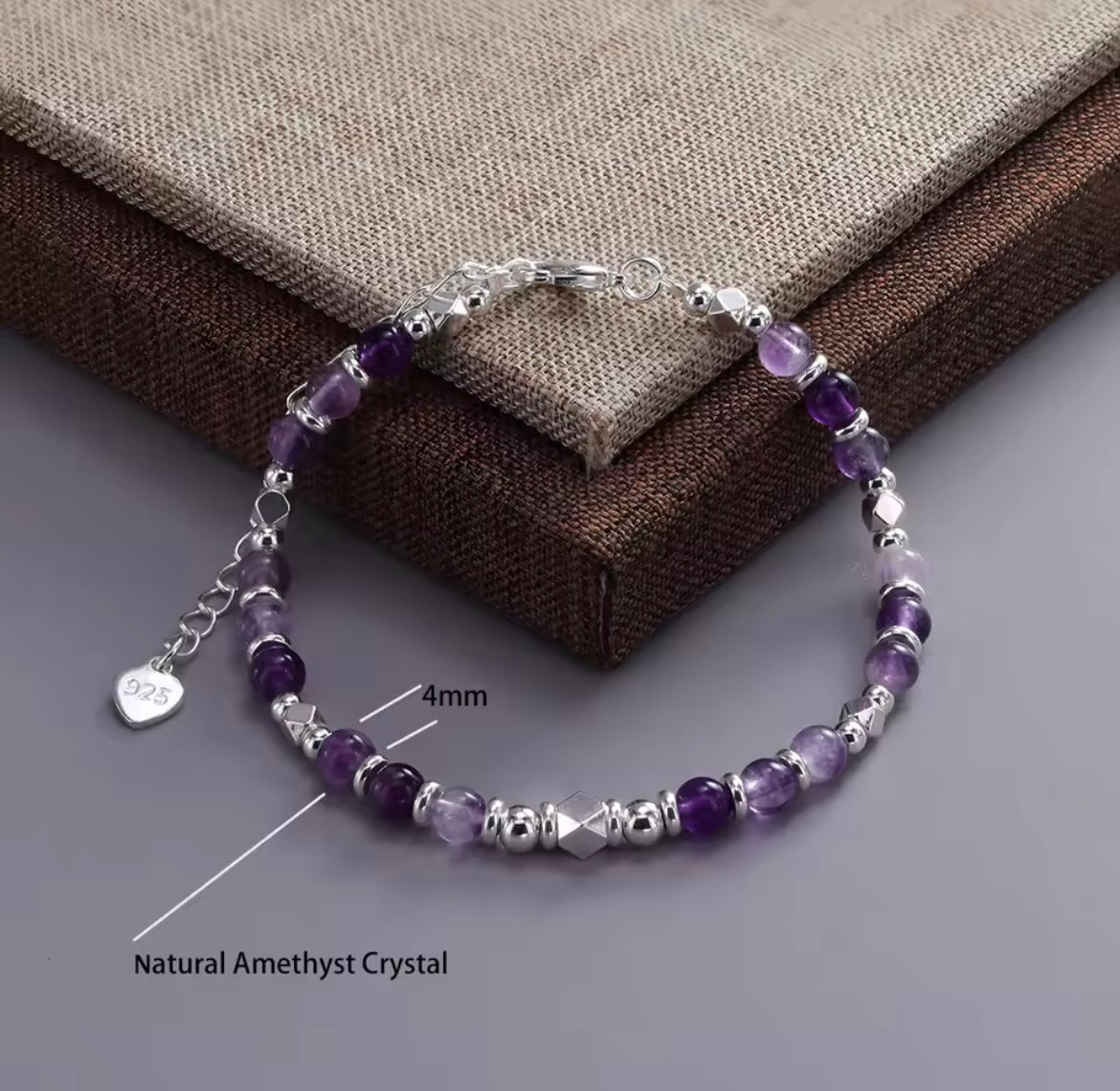 925 Sterling silver Natural Amethyst Crystal Silver Round Bead Bracelet