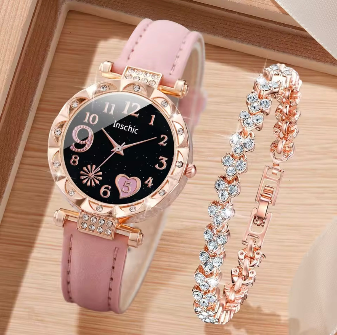 Women’s Rose gold Quartz Leather watch & heart bracelet set