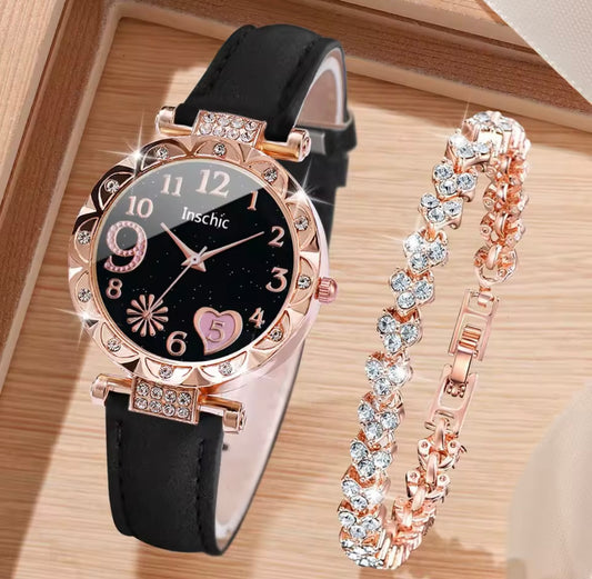 Women’s Rose gold Quartz Leather watch & heart bracelet set