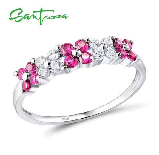 925 Sterling Silver Created Ruby Green Spinel Blue Cubic Zirconia Elegant Flowers ring