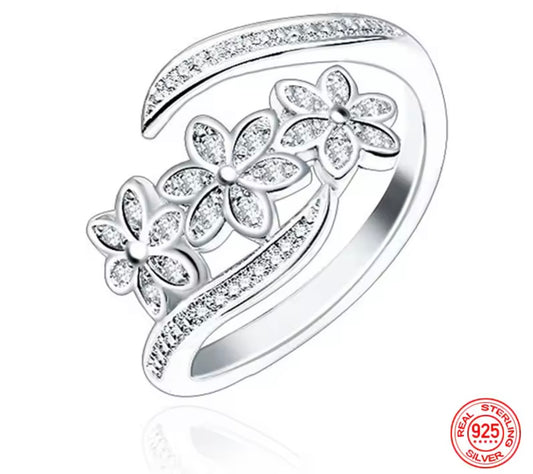 925 Sterling Silver Fashion Adjustable Open CZ Flowers Ring