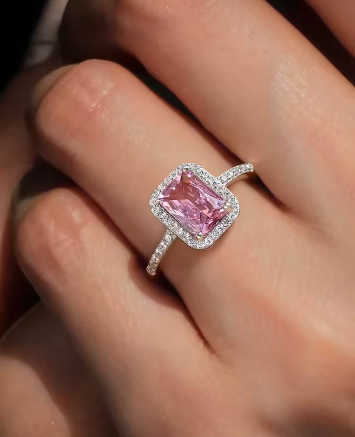 925 Sterling silver pink Square Zircon Ring