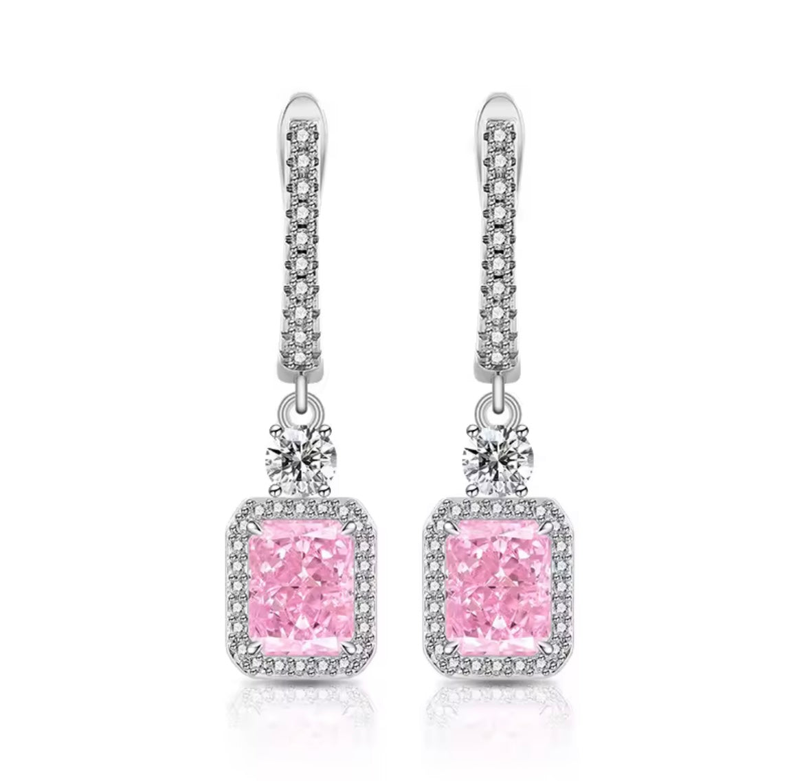 925 Sterling Silver Pink Cut Crystal Zircon Earrings