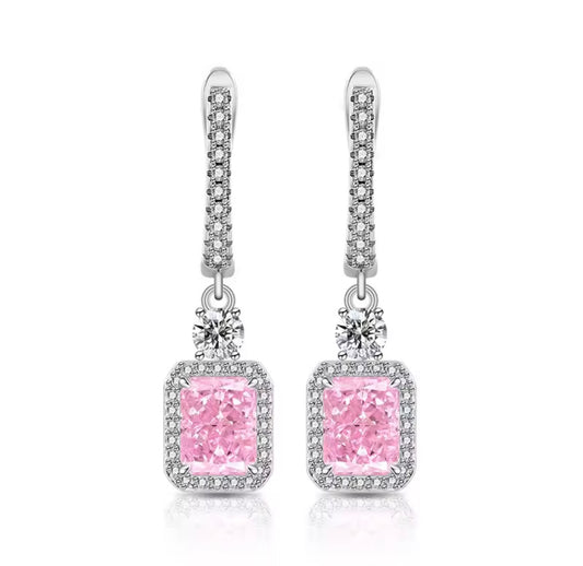 925 Sterling Silver Pink Cut Crystal Zircon Earrings