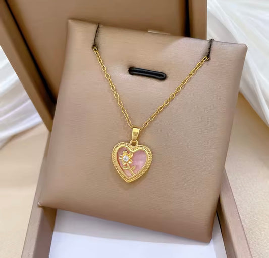 Stainless Steel Chain Necklace Romantic Pink Enamel Zircon Flower Love Heart Pendant