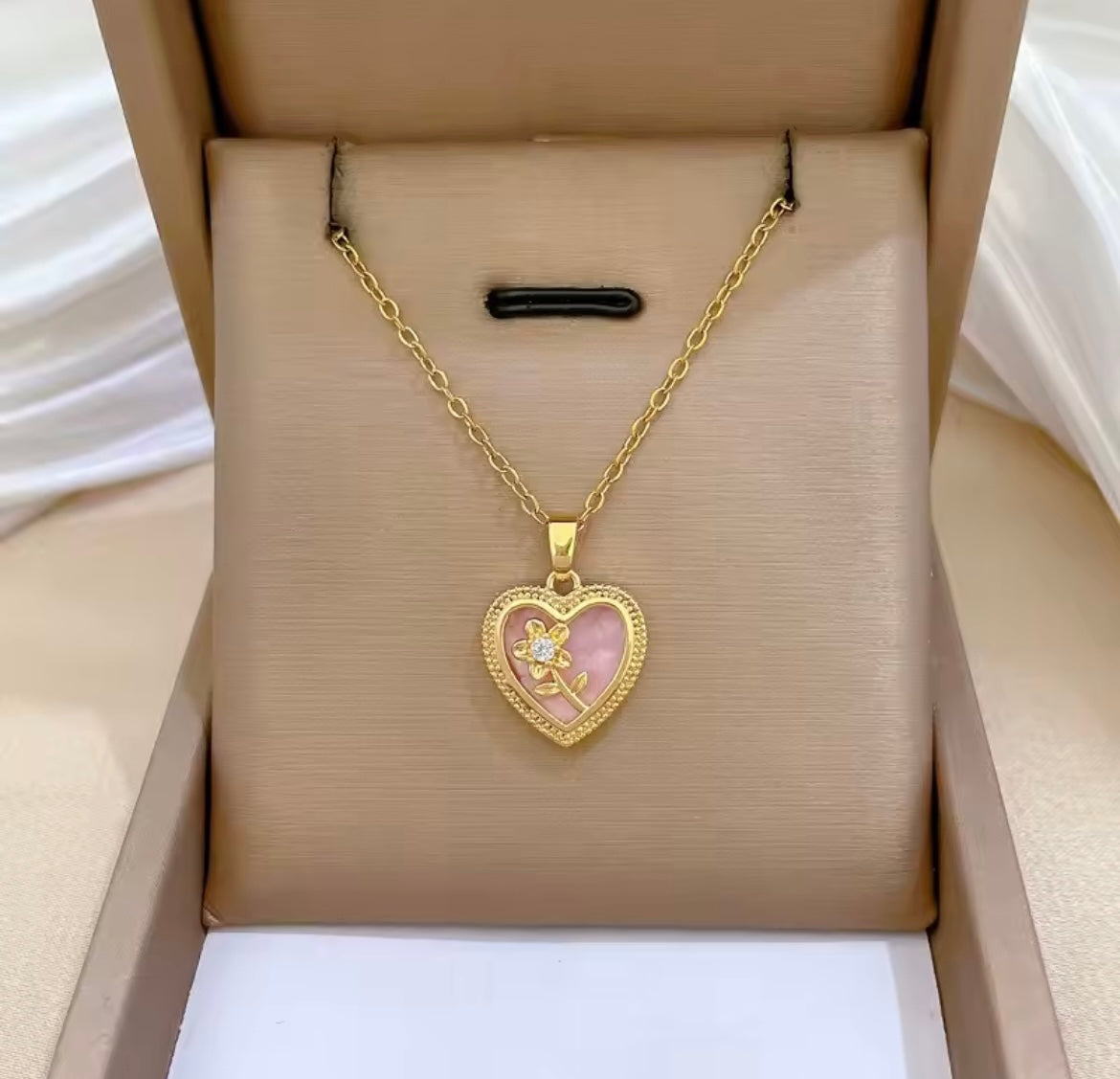 Stainless Steel Chain Necklace Romantic Pink Enamel Zircon Flower Love Heart Pendant
